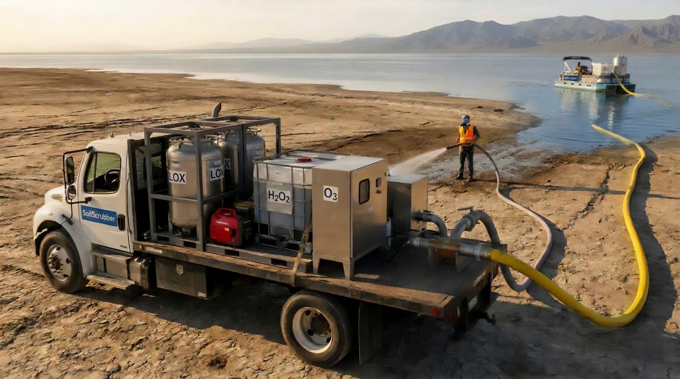 A SoilScrubber truck rig on a dried lakebed, gas and oxidant tanks behind the cab and a hose run down to the water